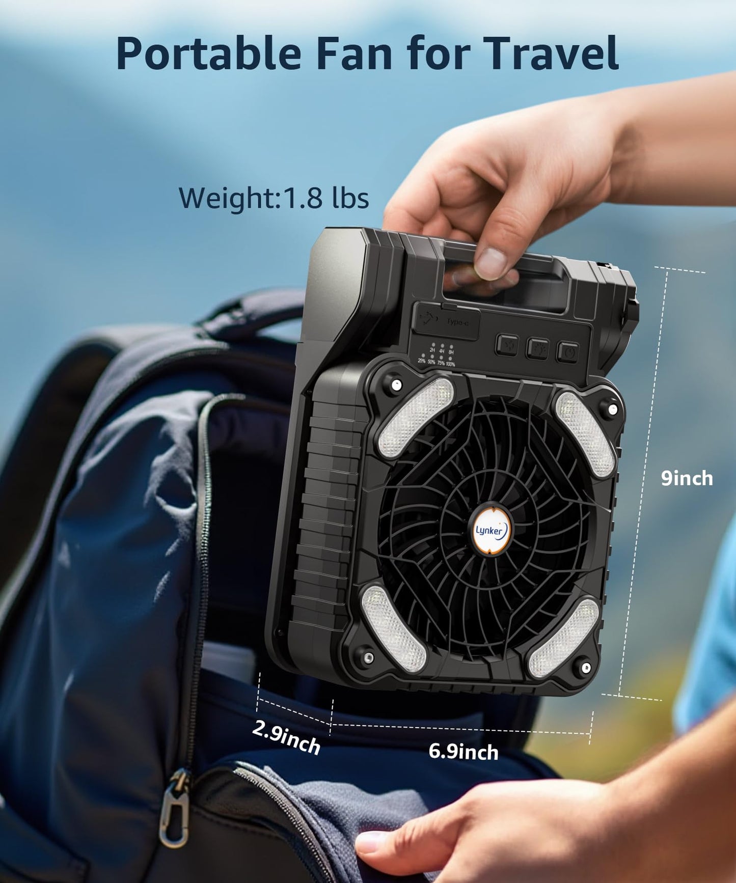 lynker Camping Fan Solar Powered with LED Lantern & Power Bank, Portable Rechargeable Battery Operated, 4 Speeds, 35dB Ultra-Quiet, 8H Timer, Foldable Fan for Tent, RV, Emergency, Hiking (Black)