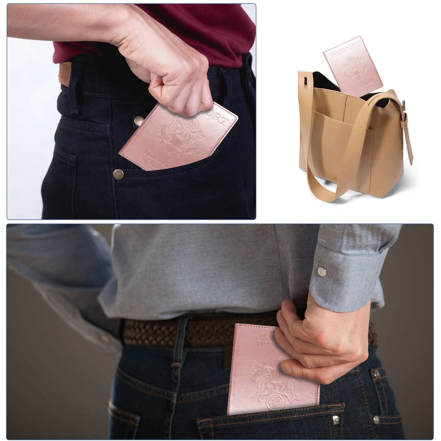 Passport Holder Cover Wallet Case RFID Blocking Leather Card Slot Travel Accessories Documents Organizer Protector for Women Men, Rose Gold