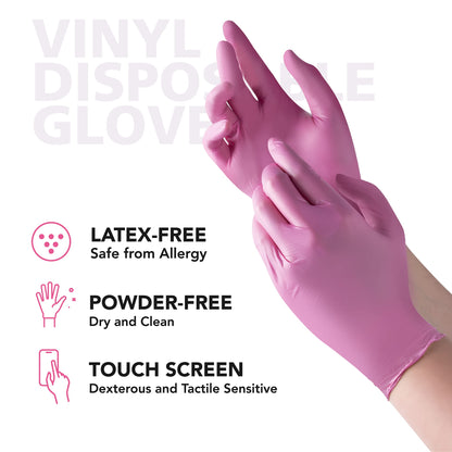 OriStout Disposable Gloves for Women, Pink Vinyl Gloves Disposable Latex Free for Cooking, Food Prep, Cleaning, Hair Dye, Tattoo, Medium Duty, Touch Screen, Small, 50 Pack