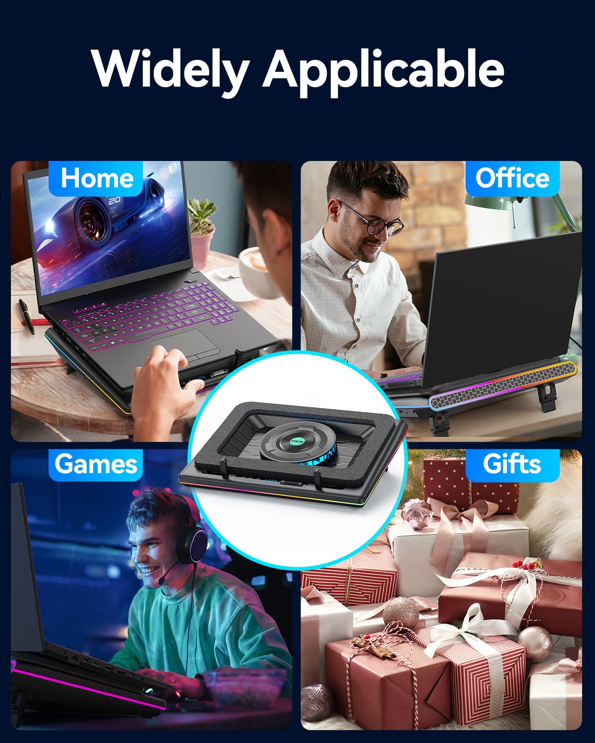 llano V12 RGB Laptop Cooling Pad, Gaming Laptop Cooler with 5.5 Inch Powerful Turbofan, Fast Cooling Laptop 15.6-21in, Adjustable Speed, Touch Control, LCD Screen, Black