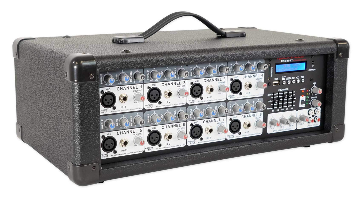 Rockville RPM80BT 2400W Powered 8 Channel Mixer/Amplifier, Bluetooth, EQ, Reverb/Delay, USB, Phantom Power, for Live Sound and Studio Use