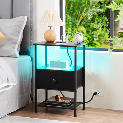 LOAKEKEL Night Stand Set 2, LED Nightstand with Charging Station, End Tables Living Room with Fabric Drawer, Small Side Tables for Bedroom, Small Space, Black, HETS01BK
