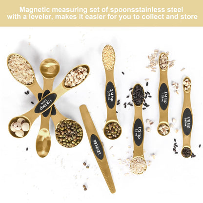 Magnetic Measuring Spoons Set Stainless Steel with Leveler-9pcs Stackable Measuring Cups for Baking-Measuring Cups and Spoon Set Kitchen Gadgets Apartment Essentials Fits in Spice Jars