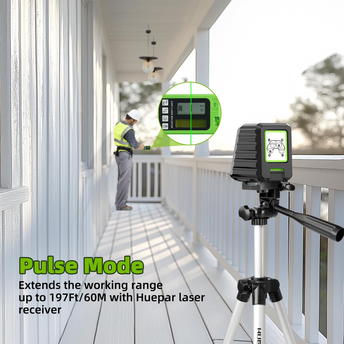 Laser Level with Tripod, Huepar 150Ft Self Leveling Lazer Level Outdoor Use, 150° Vertical Green Cross Line Level Laser for Picture Hanging, Tile, Construction Project - Pulse Mode (25.6 in Tripod)