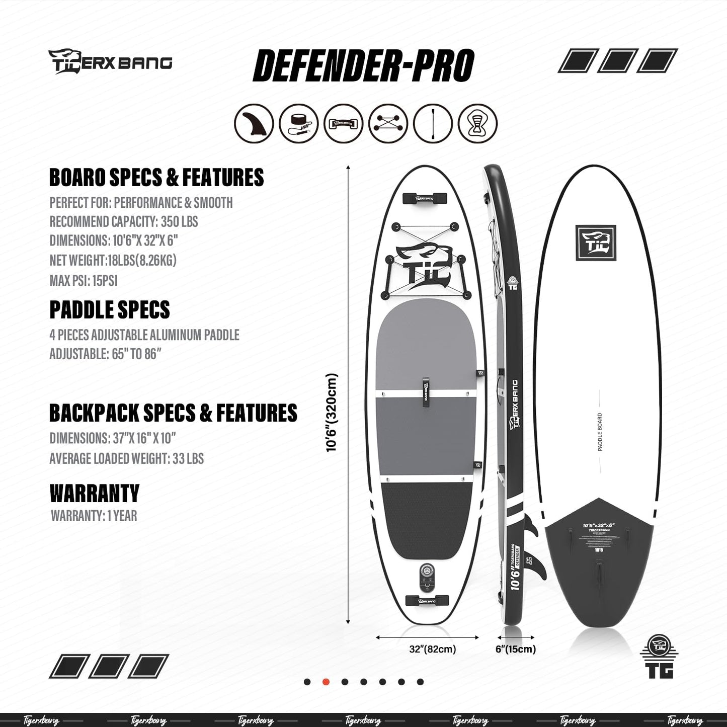 TIGERXBANG Stand Up Paddle Boards 10'6" x 32" x 6" with Premium SUP Board Accessories, Inflatable Paddle Boards for Adults/Kids with Double-Bladed Paddle, Kayak Seat, Defender-Pro Black