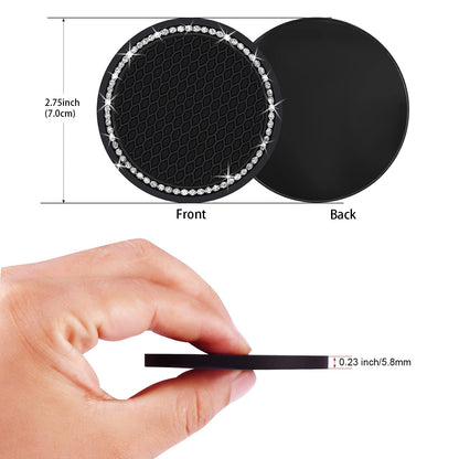 2PCS Bling Car Cup Coaster, 2.75 Inch Auto Cup Holder Insert Coasters Silicone Anti-Slip Crystal Rhinestone Drink Mat, Universal Vehicle Interior Accessories for Women Girls (Black)
