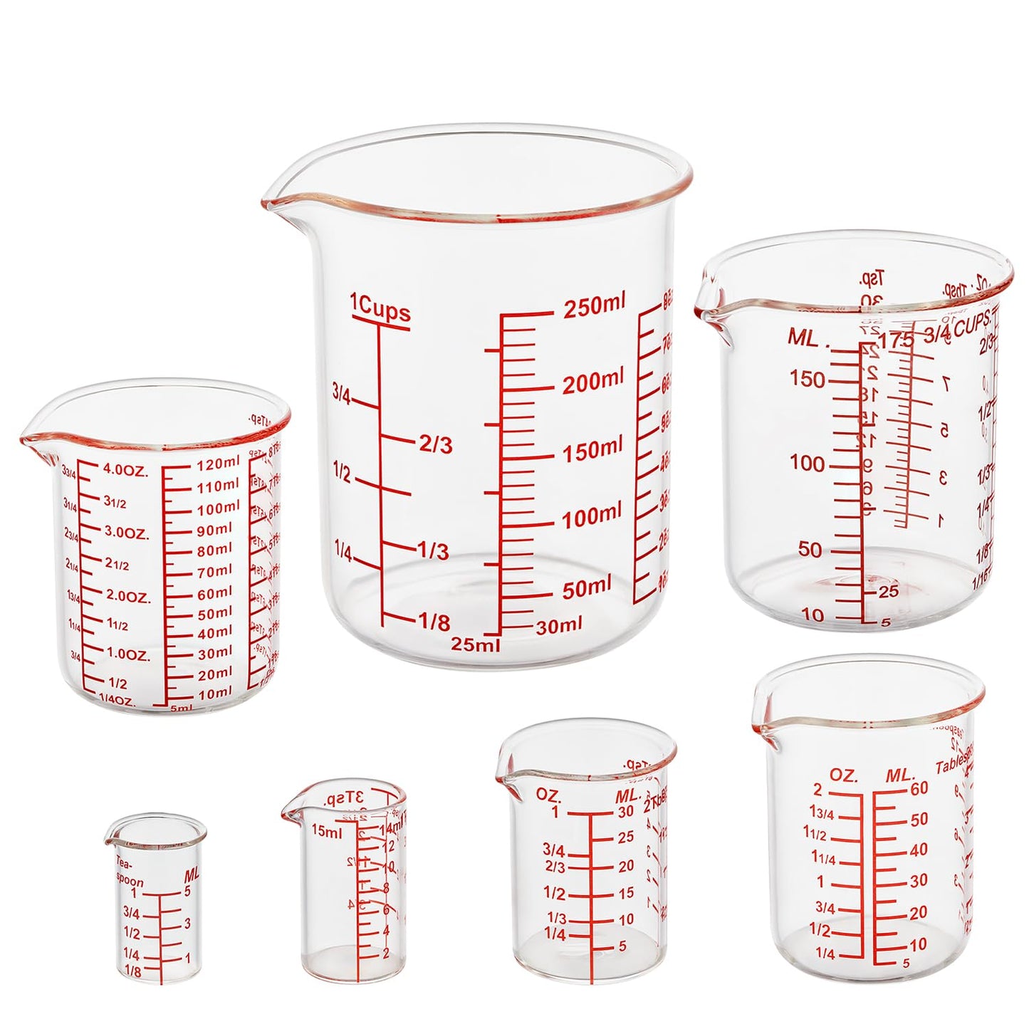 High Borosilicate Glass Measuring Cup Set-V-Shaped Spout，Includes 5ml/15ml/30ml/60ml/120ml/150ml/250ml Glass Measuring Beaker for Kitchen or Restaurant, Easy to Read(Pack of 7)