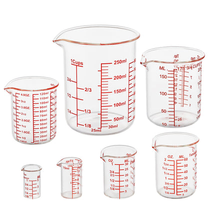 High Borosilicate Glass Measuring Cup Set-V-Shaped Spout，Includes 5ml/15ml/30ml/60ml/120ml/150ml/250ml Glass Measuring Beaker for Kitchen or Restaurant, Easy to Read(Pack of 7)