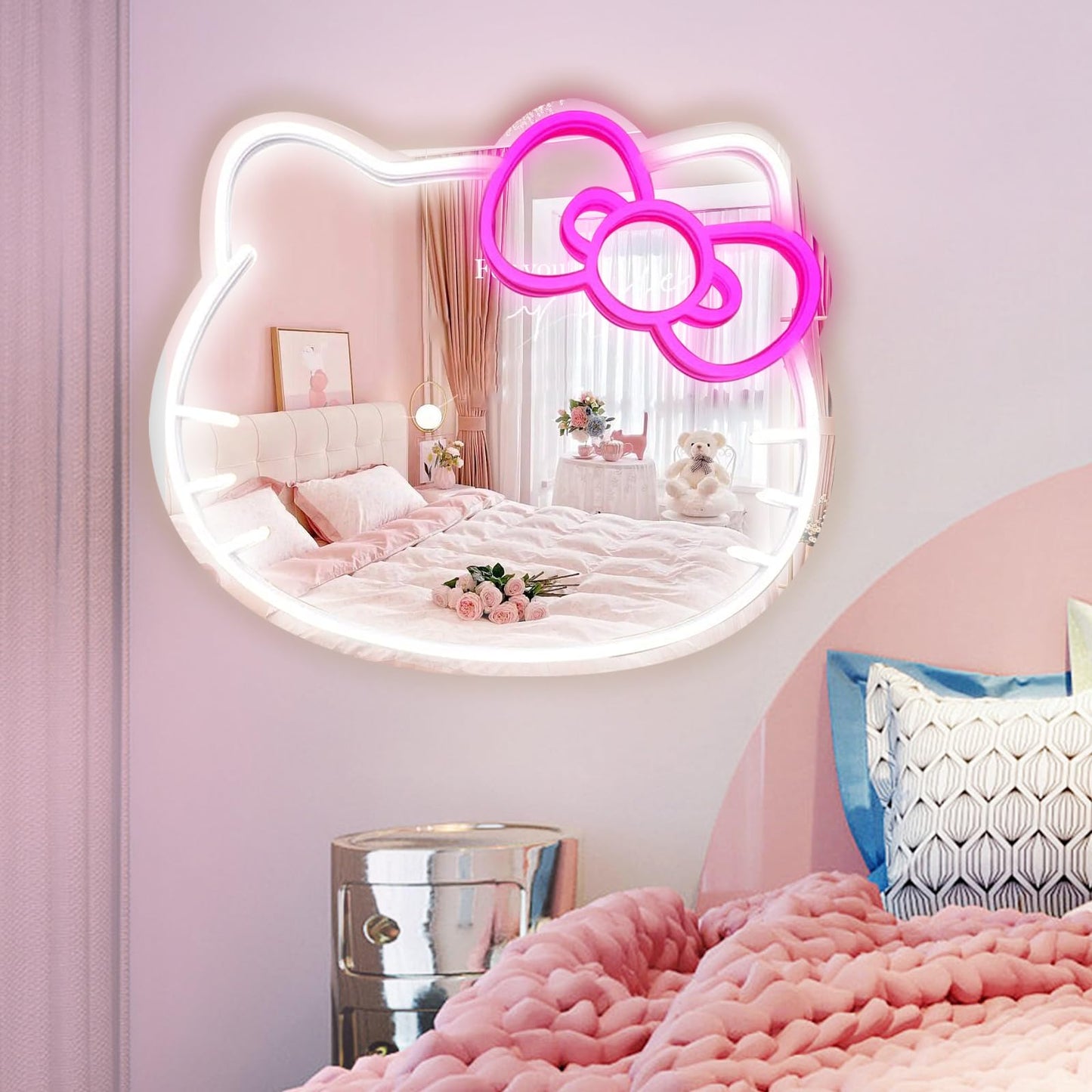 MCJSGSP Anime Hello Kit Mirror with Light Neon Signs for Wall Decor, Teen Girl Gift，Makeup Mirror neon Sign Room Decor (14.6 * 12.2 inch)