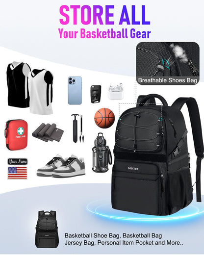 LOINTET Basketball Bag Backpack with Ball Holder Shoes Compartment, Large Basketball Accessories Sports Bag More Pockets for Football, Soccer, Volleyball, Gym, Travel, Black