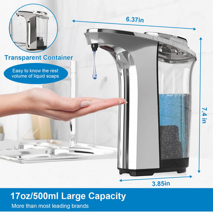 PZOTRUF Automatic Soap Dispenser, Touchless Dish Soap Dispenser 17oz/500ml with Infrared Sensor, 5 Adjustable Soap Levels, Liquid Dispenser for Bathroom Kitchen (Silver)