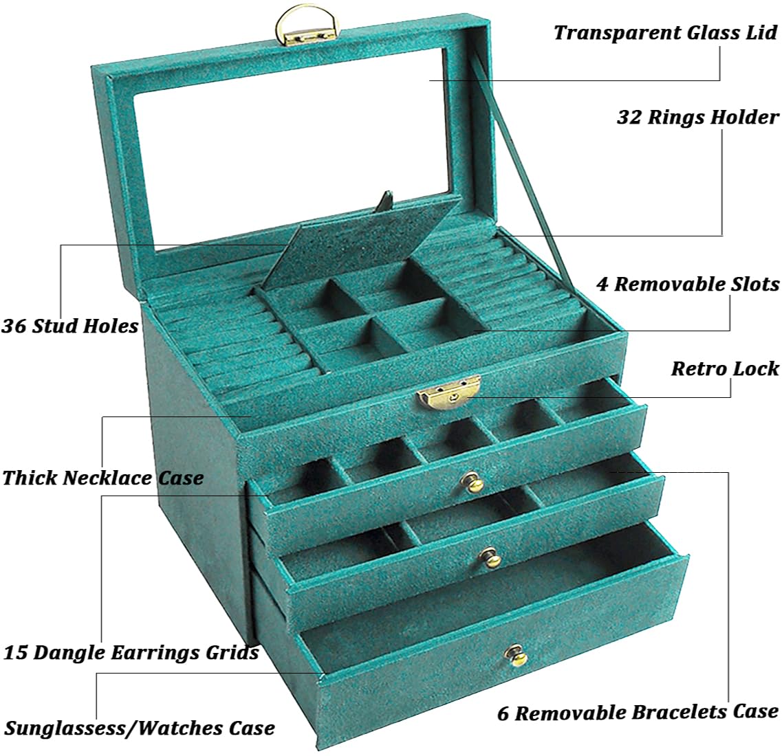 QBestry Large Jewelry Box for Women with Lock,4 Layer Glass Lid Jewelry Organizer with Drawers,Green Velvet Jewelry Storage Organizer Box for Bracelet Ring and Earring Jewelry Box with Sunglass Holder