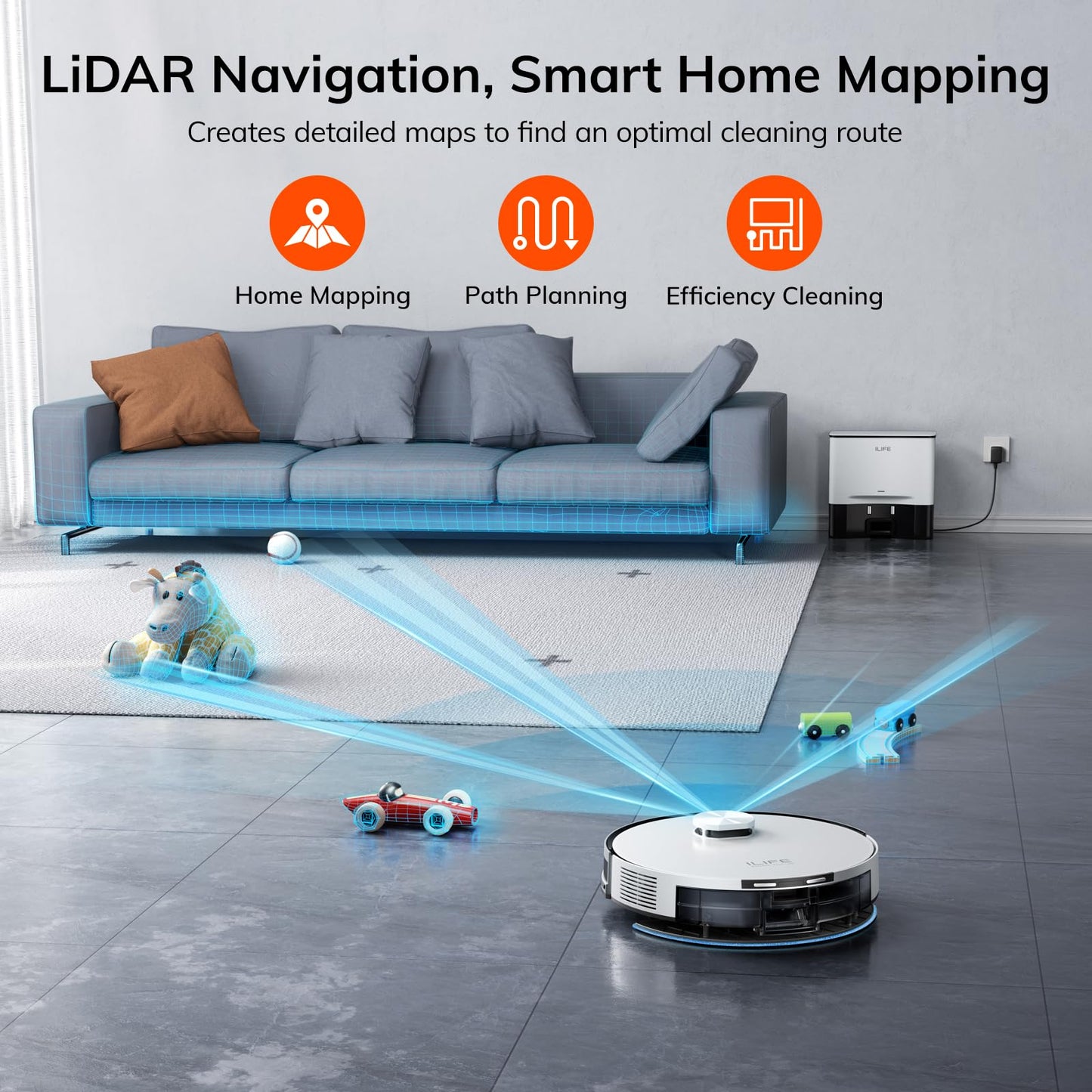 ILIFE A30 Pro Robot Vacuum and Mop, Self Emptying Station for 60 Days, 5000Pa Suction, LiDAR Navigation, No-Go Zones, 2.4G WiFi/App/Alexa/Remote Control, Roller Brush for Carpet, Hard Floors, 110V