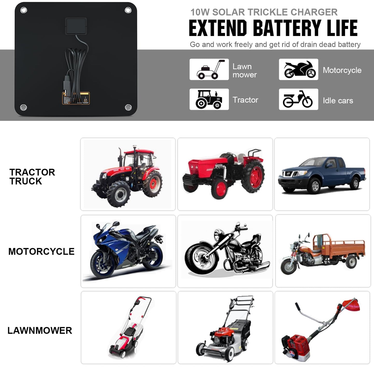 ECO-WORTHY 10W Solar Car Battery Charger Maintainer 12V Waterproof Portable Solar Trickle Charger for Car Truck Boat Lawn Mower RV Trailer Tractor ATV Utility Vehicle Battery
