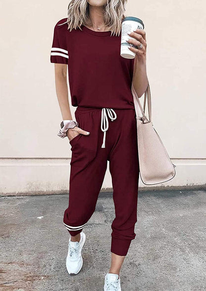 PRETTYGARDEN Women Summer Two Piece Outfits Striped Short Sleeve Pullover and Long Pants Tracksuit Travel Pajama Lounge Set (Wine Red,Small)