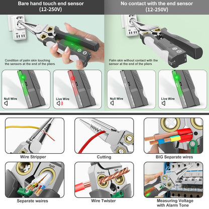 GADO Pro 8-in-1 Wire Crimper Stripper with Voltage Detector & Dual Alarms - Heavy Duty 12-250V AC/DC Tester for Hot/Neutral Wires - Electrician, HVAC, Car Repair Tool (Gray)