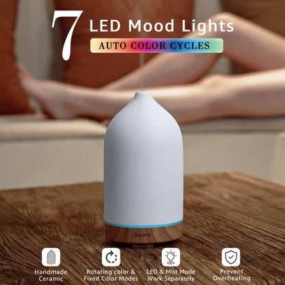 Gooamp 200ML Ceramic Essential Oil Diffuser - Ultrasonic Aromatherapy & Humidifier with 7-Color LED Lights, Auto Shut-Off, Wood Grain Base, 1H/3H/6H Timer | Scent for Home, Office, Yoga