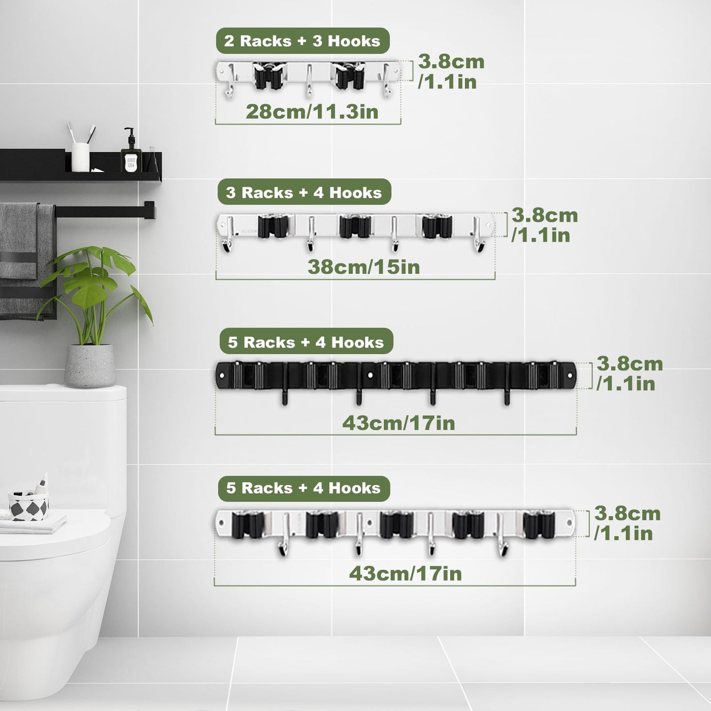 2 Pack 3 Racks and 4 Hooks Broom and Mop Holder Wall Mounted Garage Organizer Storage Tool Racks Stainless Steel Heavy Duty Hooks Self Adhesive Solid Non-slip Wall Hangers for Home Kitchen Garden