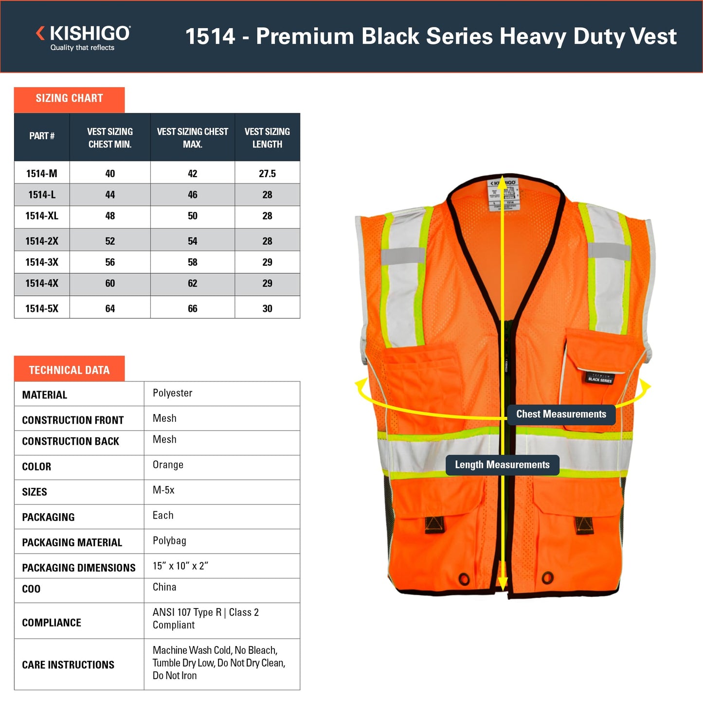 Kishigo Premium Black Series Heavy Duty Unisex Reflective Safety Vest 1514, ANSI Type R / Class 2 Compliant, 6 Pockets - Pencil & Radio Pockets, Reflective Silver Lining & Black Trim (Orange, XL)