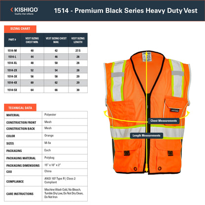 Kishigo Premium Black Series Heavy Duty Unisex Reflective Safety Vest 1514, ANSI Type R / Class 2 Compliant, 6 Pockets - Pencil & Radio Pockets, Reflective Silver Lining & Black Trim (Orange, XL)