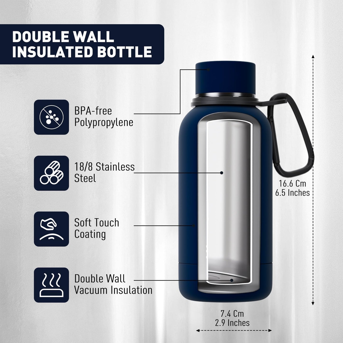 Exllena Small Water Bottle 12oz with Clip, Double Wall Stainless Steel Vacuum Small Insulated Water Bottle Keeps Drinks Cold 24 Hrs/Hot 12 Hrs for Kids Handbag School BPA Free (Navy Blue)