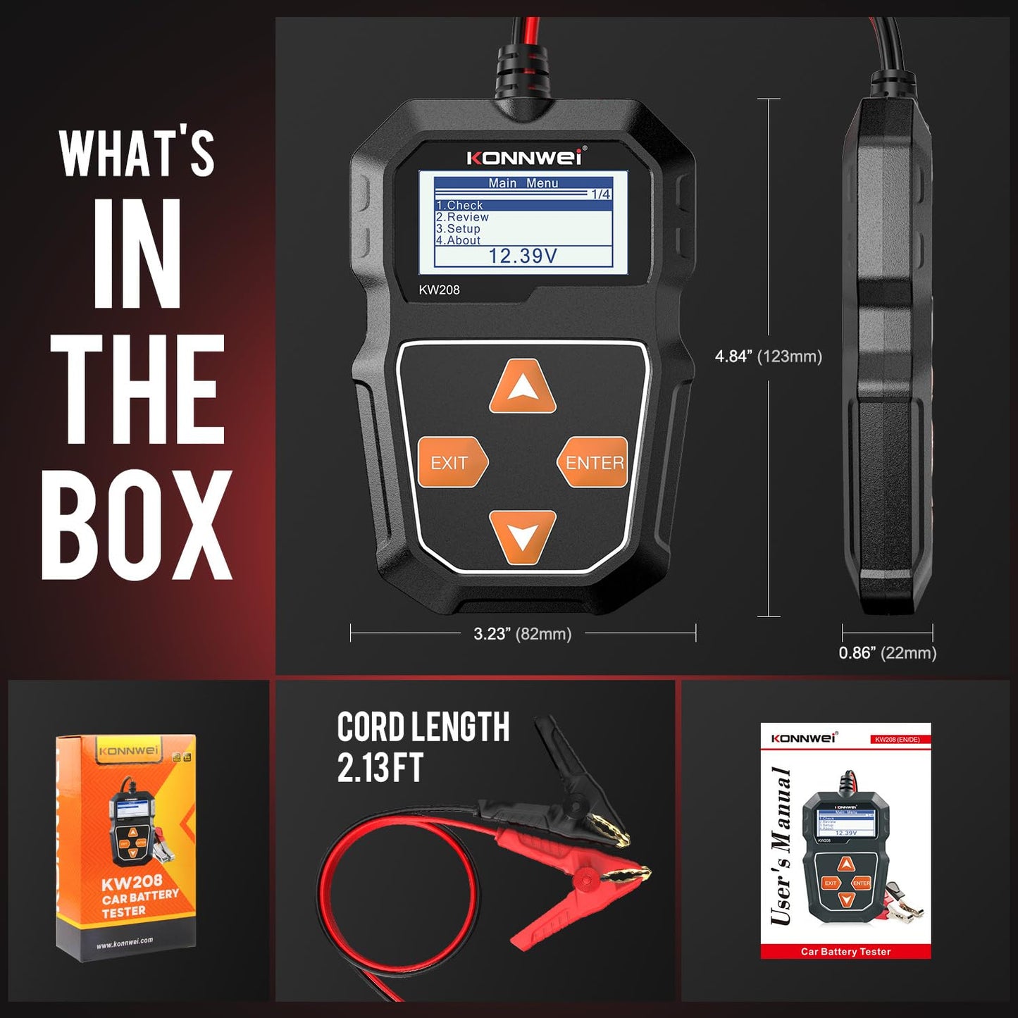 KONNWEI KW208 12V Car Battery Tester, Battery Load Tester Automotive 12V Alternator Starter Tester Digital Auto Battery Analyzer Charging Cranking System Tester for Car Truck Marine Motorcycle Boat