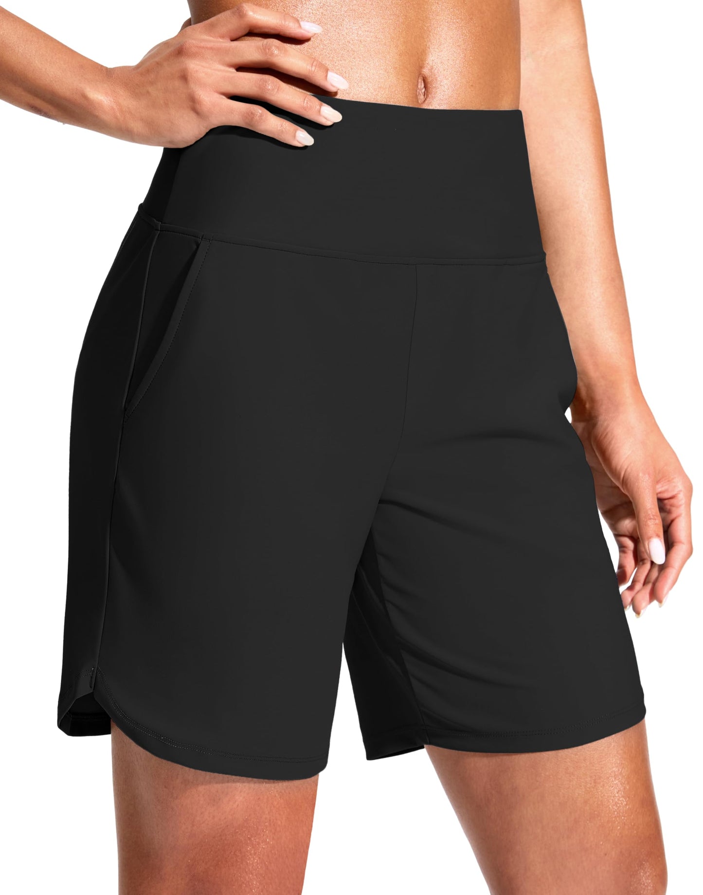 G Gradual Women's 7" Quick Dry Swim Board Shorts Swimming Bottoms High Waisted Beach Shorts for Women with Liner Pockets(Black,XL)