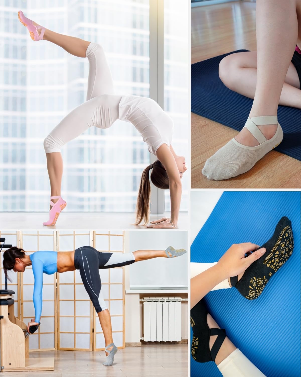 RATIVE X-Cross Anti Slip Non Skid Barre Yoga Pilates Hospital Socks with grips for Adults Men Women (Medium, 4-pairs/Solid Assorted)