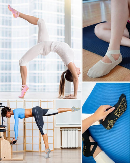 RATIVE X-Cross Anti Slip Non Skid Barre Yoga Pilates Hospital Socks with grips for Adults Men Women (Medium, 4-pairs/Solid Assorted)