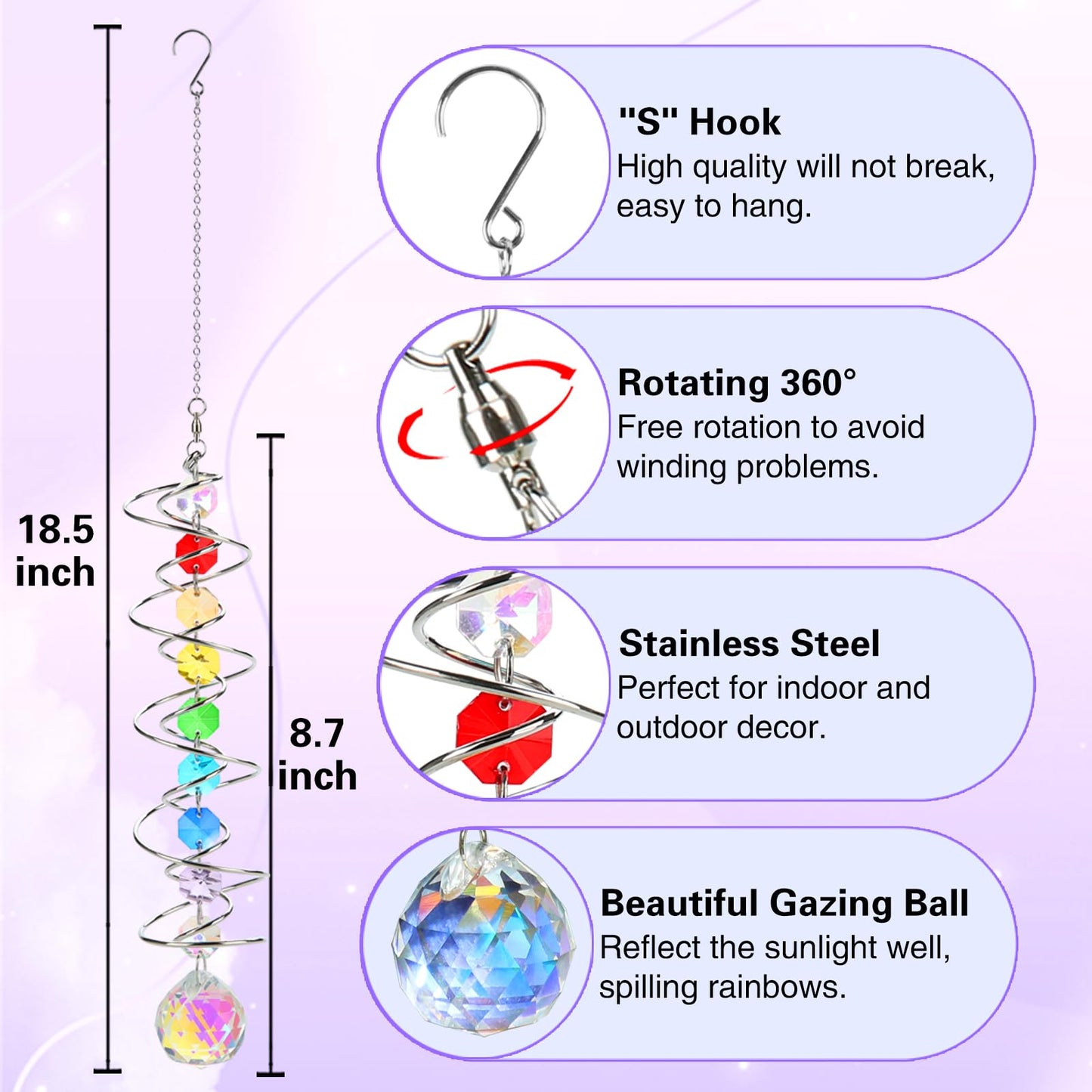 GWAHSA Suncatcher Wind Spinner Gazing Ball Spiral Tail, Crystal Sun Catchers with Seven Chakra Beads Window Hanging for Indoor Home Outdoor Garden Decor Wedding Birthday Party Gifts for Girl Women Mom