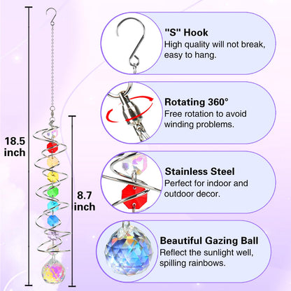 GWAHSA Suncatcher Wind Spinner Gazing Ball Spiral Tail, Crystal Sun Catchers with Seven Chakra Beads Window Hanging for Indoor Home Outdoor Garden Decor Wedding Birthday Party Gifts for Girl Women Mom