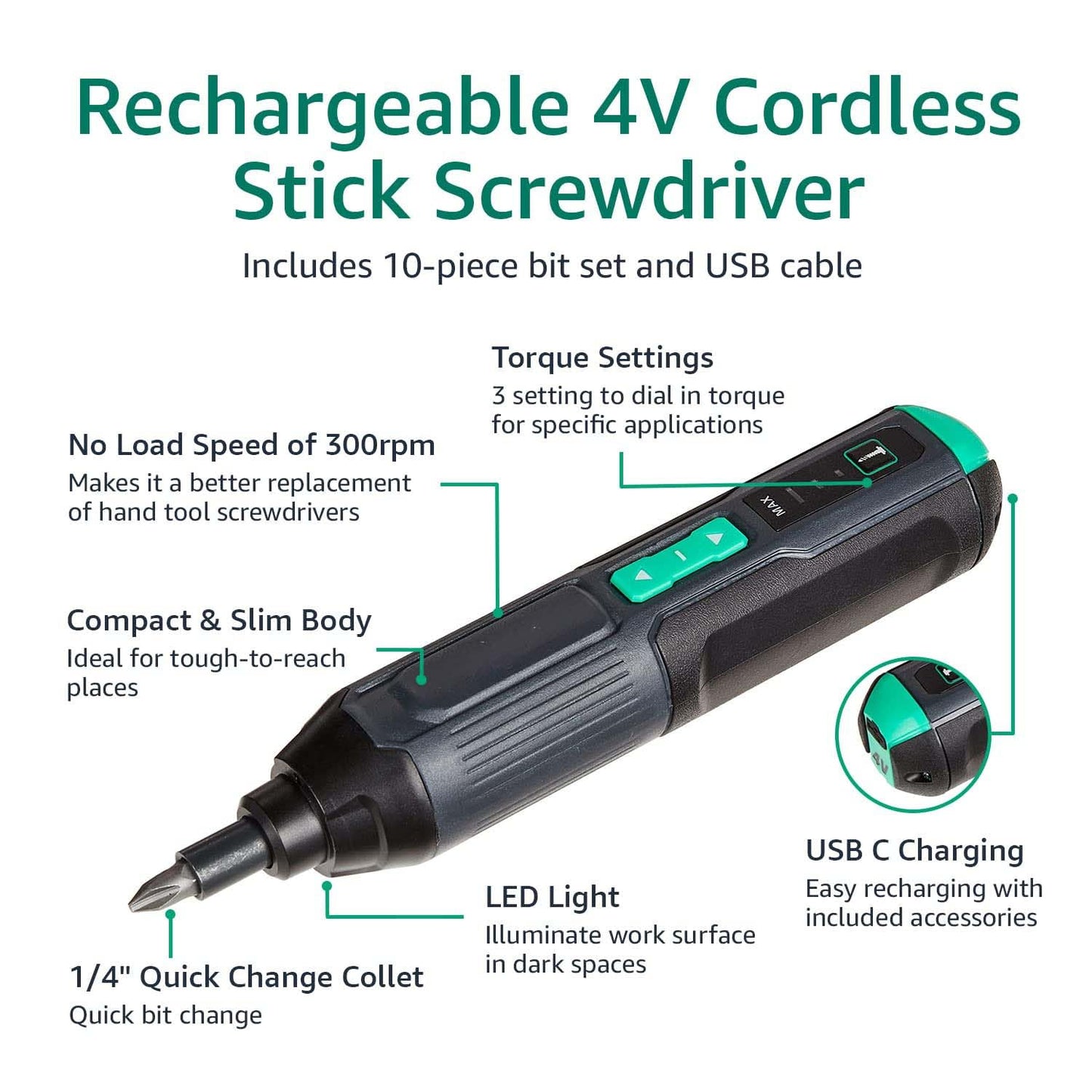 Amazon Basics by SKIL 4V Cordless Stick Screwdriver with 10-Piece Bit Set and USB Cable(Previously Denali brand)