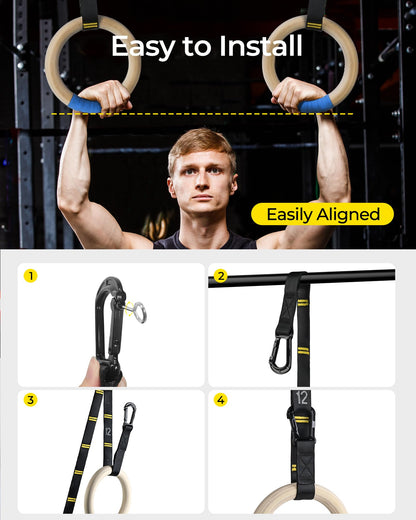 PACEARTH Gymnastics Rings 32mm Wooden Olympic Rings Support 1500lbs Locked Carabiners 9ft Double-Layer Numbered Straps Non-Slip Gym Rings with Foot Straps Door Anchor for Home Gym Full Body Workout