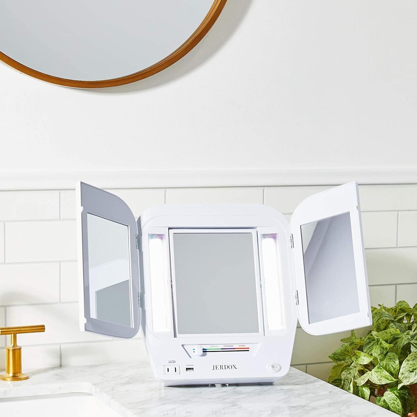 JERDON Modern Tri-Fold Makeup Mirror with Lights - Vanity Mirror with 5X Magnification & Multiple Light Settings - White Base - Model JGL10W