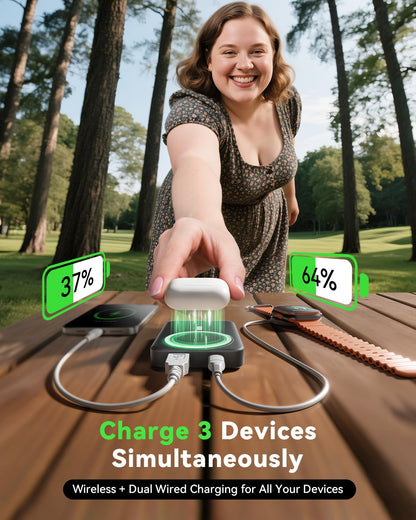 LENUTO for Magsafe Battery Pack 10000mAh Power Bank with Foldable Stand Portable Charger, PD 22.5W Fast Charge, Dual USB-C & USB-A Outputs, Wireless Charger for iPhone 16/15/14/13/12 Series–Black