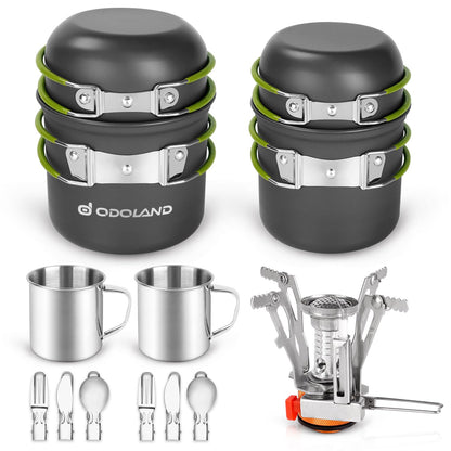 Odoland 16pcs Camping Cookware Mess Kit, Lightweight Pot Pan Mini Stove with 2 Cups, Fork Spoon Kits for Backpacking, Outdoor Camping Hiking and Picnic