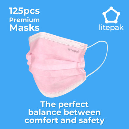 Litepak 125-Pack Disposable Face Mask Premium Comfort Earloops with Dispenser Box (Pink)
