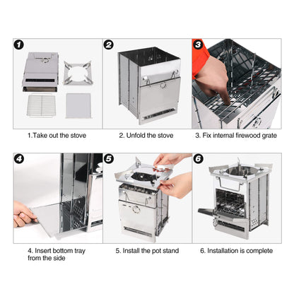 REDCAMP Wood Burning Folding Camp Stove Stainless Steel Grill and Pot Stand, Portable Collapsible Backpacking Stove Survival Rocket Stove for Hiking Outdoor Tent Camping Picnic, Largel with Pot Stand