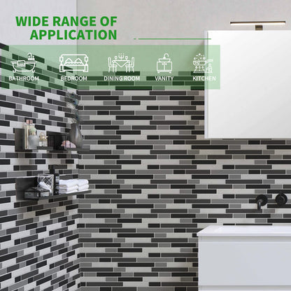 LONGKING 10-Sheet Self-Adhesive Peel and Stick Backsplash for Kitchen, Vinyl Decorative Tiles (Black/Gray)