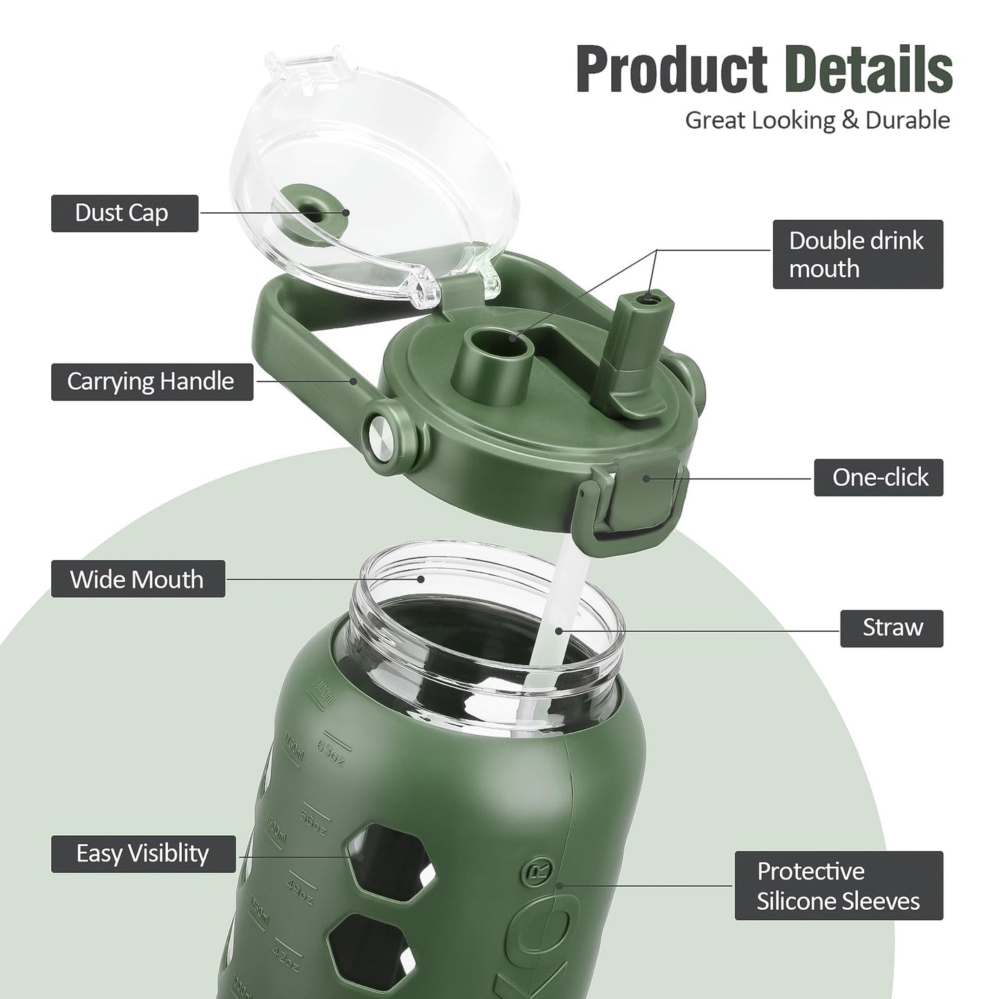 MUKOKO Half Gallon/64 oz Glass Water Bottles with Straw and Lid,Motivational Water Jug with Time Marker Reminder and Silicone Sleeve,100% Leakproof BPA Free Fitness Sports Large Bottle-Olive