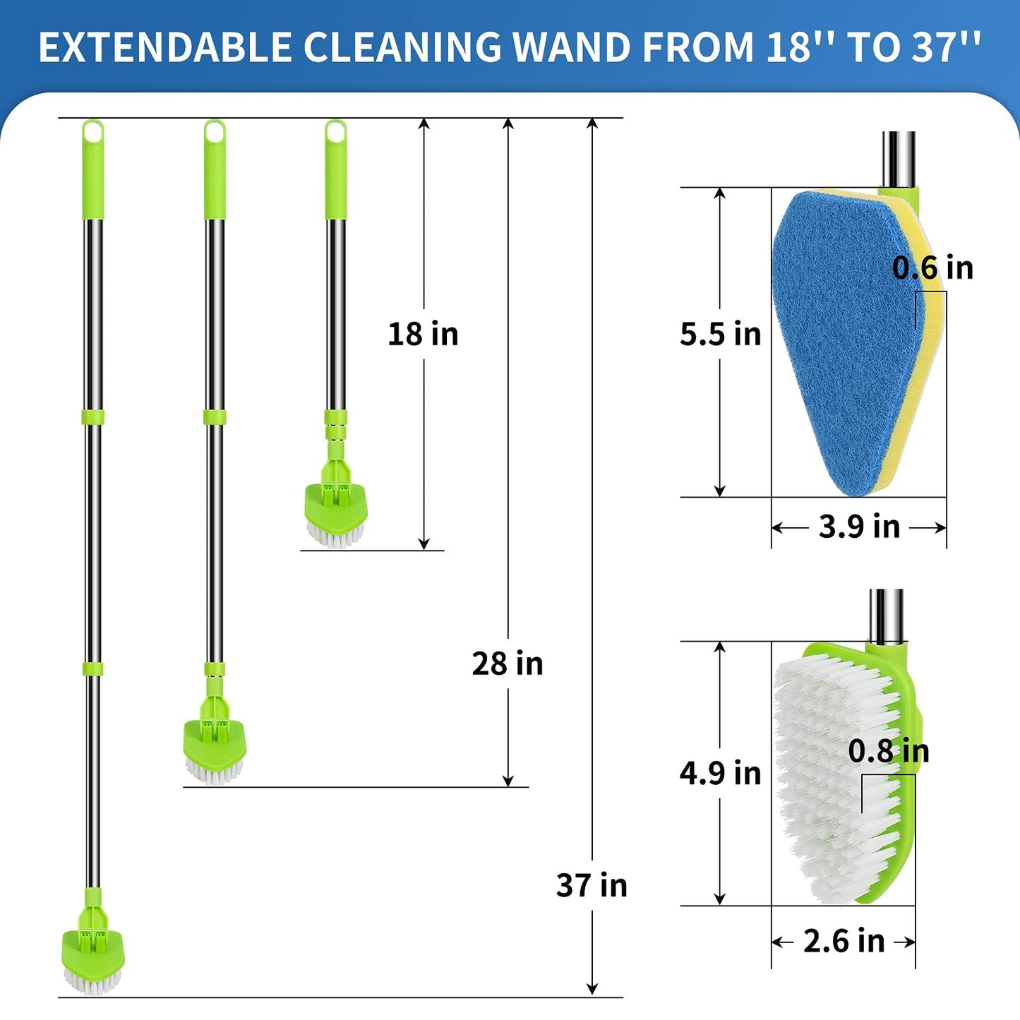 JDNOZW 2 in 1 Scrub Cleaning Brush with 37” Long Extendable Handle,1 Stiff Bristle and 3 Sponge Brushes, Lightweigh Detachable Shower Scrubber for Cleaning Bathroom Shower Bathtub Glass Tile Floor