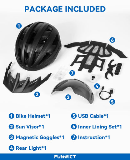 FUNWICT Adult Bike Helmet with Visor and Goggles for Men Women Mountain Road Bicycle Helmet Rechargeable Rear Light Cycling Helmet (L: 57-61 cm (22.4-24 inches), Black)