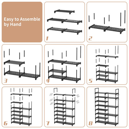 ROJASOP Shoe Rack Organizer, 8-Tier Metal Shoe Rack for Closet Entryway Garage, 26-32 Pairs Tall Shoe Boot Storage Shelf with 15 Hooks, Stackable Large Shoe Stand