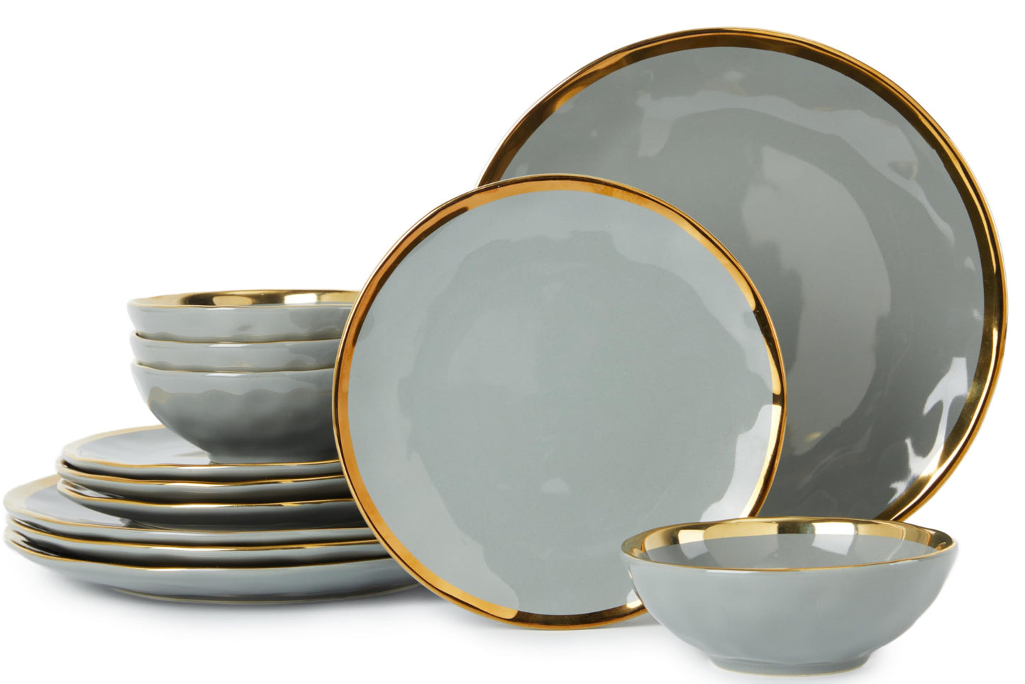 Pokini Porcelain Luxury Dinnerware Sets, Modern Plates and Bowls Sets for 4, Highly Chip and Crack Resistant, Grey and Gold Rim China Dishes Set for Wedding Anniversary