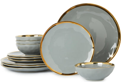 Pokini Porcelain Luxury Dinnerware Sets, Modern Plates and Bowls Sets for 4, Highly Chip and Crack Resistant, Grey and Gold Rim China Dishes Set for Wedding Anniversary