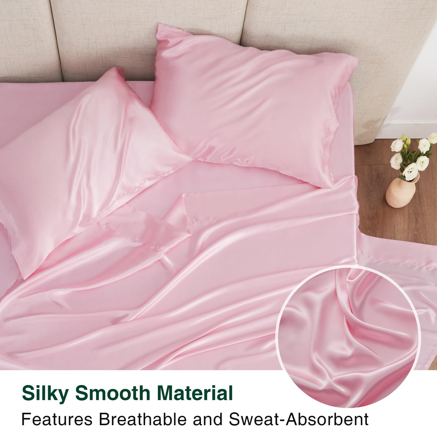 Love's cabin Satin Queen Sheets Set - 4 Piece Pink Silky Bed Sheets Set with Deep Pocket, Luxury Silk Feel Satin Queen Size Sheet Set (1 Flat Sheet,1 Fitted Sheet,2 Pillow Cases)