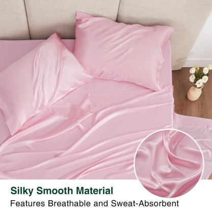 Love's cabin Satin Queen Sheets Set - 4 Piece Pink Silky Bed Sheets Set with Deep Pocket, Luxury Silk Feel Satin Queen Size Sheet Set (1 Flat Sheet,1 Fitted Sheet,2 Pillow Cases)