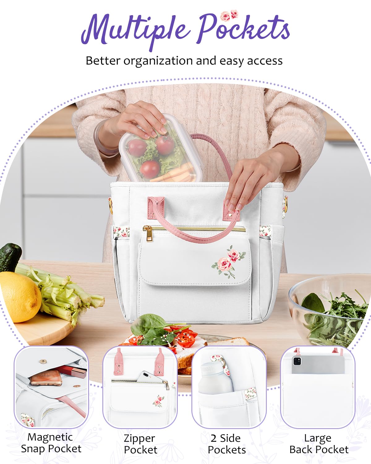 GLORIEROO Deluxe Insulated Lunch Box Bag Women - Leakproof Waterproof Cooler with Multi Pockets Removable Strap for Work Picnic - Teacher Mothers Day Christmas Birthday Gifts