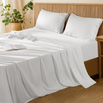 LBRO2M 100% Cotton Sheets Set Queen Size 600 Thread Count 4 Piece Sets Bed Sheet Deep Pocket Up to 16" Soft Comfortable All Season (Queen, White)