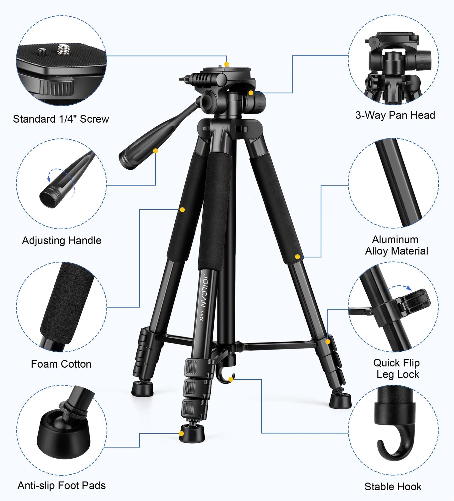 JOILCAN Tripod for Camera, 67" Heavy Duty Camera Tripod, Phone Tripods for Video Recording Photo Vlog, Aluminum Tripods with Holder & Travel Bag for Cameras DSLR iPhone Projector Laser